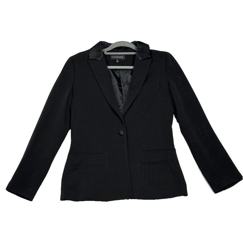Adolfo Blazer Womens Size 8 Black Satin Collar Notched Lapel Single Breasted